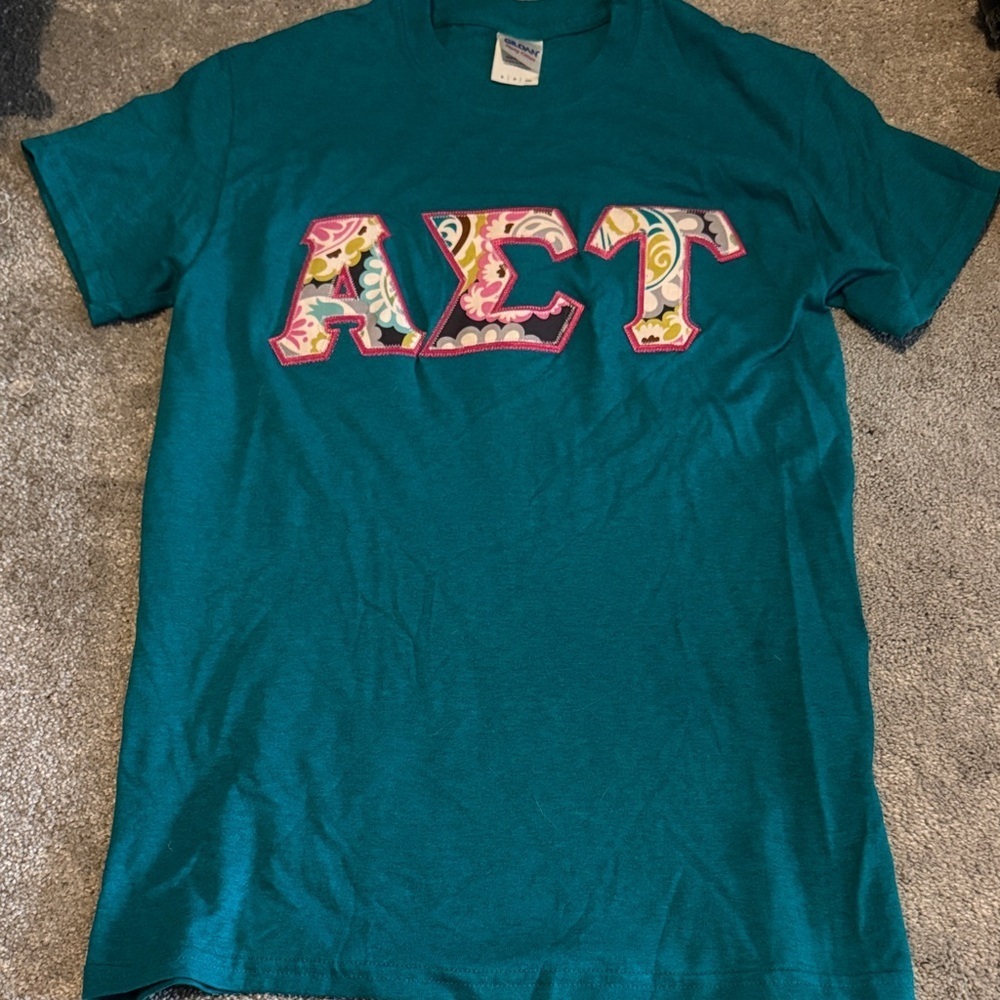 Sorority AST Teal Graphic T-Shirt with Colorful Letters